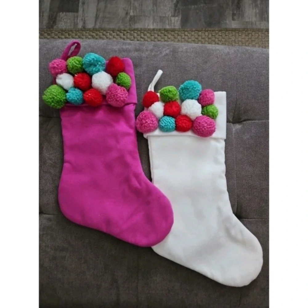 Pink & White Christmas Pom Pom‎ Stocking